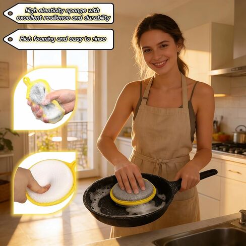 Double Sided Kitchen Sponges for Dishes, Round Scrubbing Pads with Steel Wire Nylon and High Elasticity Sponge, Non Scratch Cleaning Pads with Hanging Loop for Dishes, Pots, Sinks & Bathroom in Kuwait
