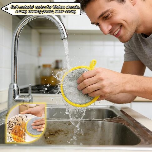 Double Sided Kitchen Sponges for Dishes, Round Scrubbing Pads with Steel Wire Nylon and High Elasticity Sponge, Non Scratch Cleaning Pads with Hanging Loop for Dishes, Pots, Sinks & Bathroom in Kuwait