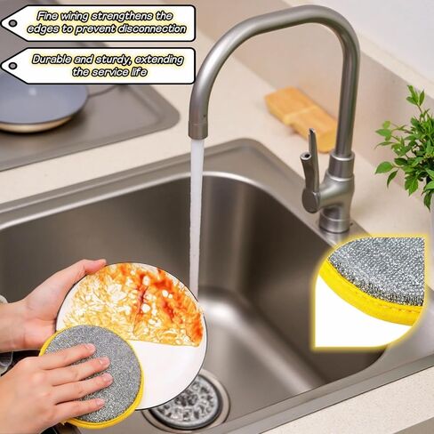 Double Sided Kitchen Sponges for Dishes, Round Scrubbing Pads with Steel Wire Nylon and High Elasticity Sponge, Non Scratch Cleaning Pads with Hanging Loop for Dishes, Pots, Sinks & Bathroom in Kuwait