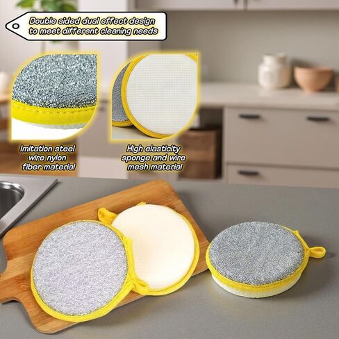 Double Sided Kitchen Sponges for Dishes, Round Scrubbing Pads with Steel Wire Nylon and High Elasticity Sponge, Non Scratch Cleaning Pads with Hanging Loop for Dishes, Pots, Sinks & Bathroom in Kuwait