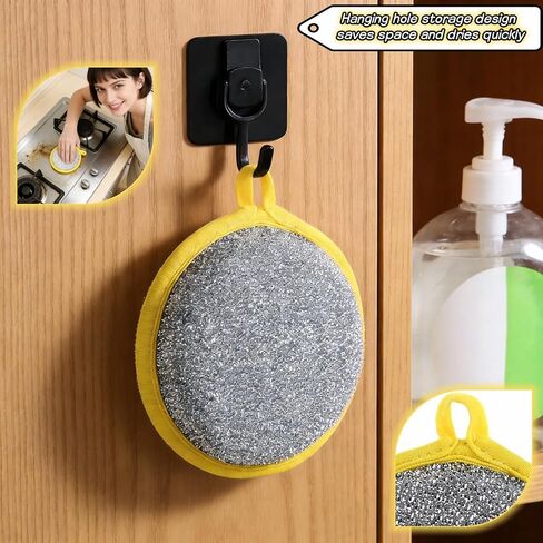 Double Sided Kitchen Sponges for Dishes, Round Scrubbing Pads with Steel Wire Nylon and High Elasticity Sponge, Non Scratch Cleaning Pads with Hanging Loop for Dishes, Pots, Sinks & Bathroom in Kuwait