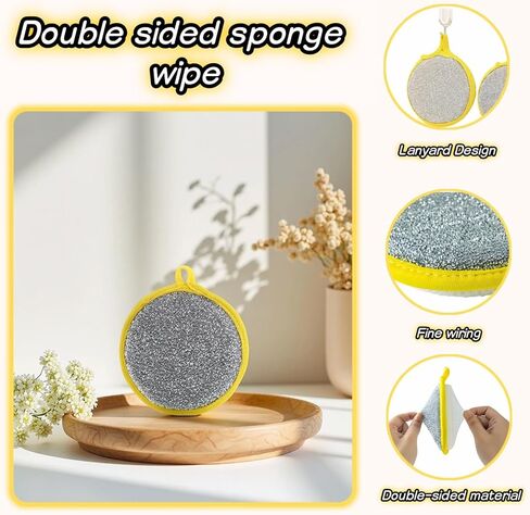 Double Sided Kitchen Sponges for Dishes, Round Scrubbing Pads with Steel Wire Nylon and High Elasticity Sponge, Non Scratch Cleaning Pads with Hanging Loop for Dishes, Pots, Sinks & Bathroom in Kuwait
