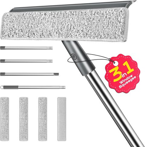 Window Squeegee for Home, Window Cleaner Tool with Extension Pole, Squeegee for Window Cleaning with 3 Microfiber Cloths and Screen Brush, Window Cleaning Kit for Car Windshield, Shower Glass Doors in Kuwait