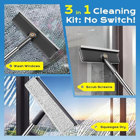 Window Squeegee for Home, Window Cleaner Tool with Extension Pole, Squeegee for Window Cleaning with 3 Microfiber Cloths and Screen Brush, Window Cleaning Kit for Car Windshield, Shower Glass Doors in Kuwait