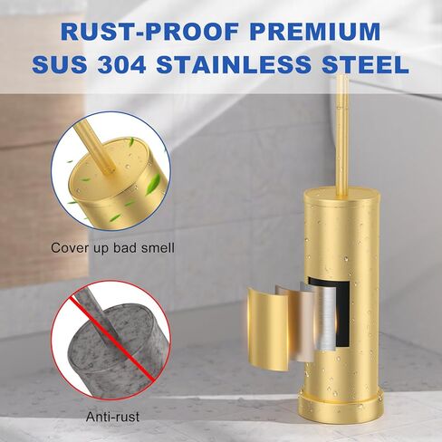 Toilet Brush and Holder Set: 304 Stainless Steel Brushed Gold Toilet Bowl Brush and Holder with Removable Inner Bowl and Splash Protection, Heavy Duty Long Handle Bathroom Cleaning Tool in Kuwait