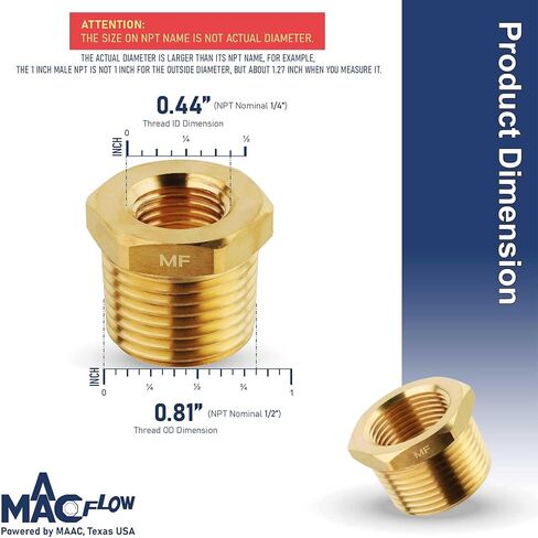 MAACFLOW نحاس 1/2 بوصة ذكر NPT إلى 1/4 بوصة أنثى NPT محول مخفض جلبة سداسية (خيط OD 0.81 بوصة - ID 0.44 بوصة) (عبوة من 1) in Kuwait