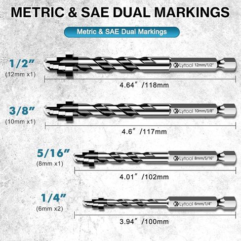 Lytool SDS Plus Drill Bits Set, 10Pcs Rotary Hammer Bits Set, Carbide Bits Tipped for Masonry, Ceramic Tile, Walls, Brick, Marble, Stone, Drill Bits for Impact Drill(3/16'',1/4'',5/16'',3/8",1/2") in Saudi Arabia