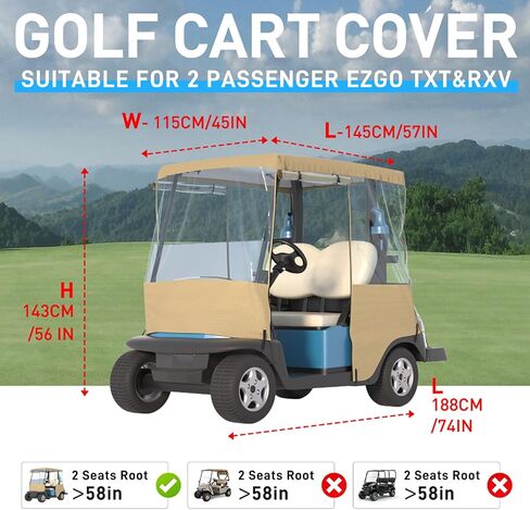 BENVOL Golf Cart Cover 2 Seater Drivable Enclosure - Fits Club Car Precedent, Tempo & EZGO TXT (Roof Up to 58") - 900D Heavy Duty Khaki Waterproof Rain Cover with 0.5mm Clear Vinyl Windows in Kuwait