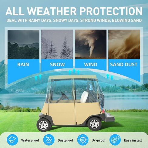 BENVOL Golf Cart Cover 2 Seater Drivable Enclosure - Fits Club Car Precedent, Tempo & EZGO TXT (Roof Up to 58") - 900D Heavy Duty Khaki Waterproof Rain Cover with 0.5mm Clear Vinyl Windows in Kuwait