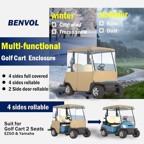 BENVOL Golf Cart Cover 2 Seater Drivable Enclosure - Fits Club Car Precedent, Tempo & EZGO TXT (Roof Up to 58") - 900D Heavy Duty Khaki Waterproof Rain Cover with 0.5mm Clear Vinyl Windows in Kuwait