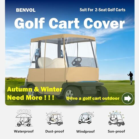 BENVOL Golf Cart Cover 2 Seater Drivable Enclosure - Fits Club Car Precedent, Tempo & EZGO TXT (Roof Up to 58") - 900D Heavy Duty Khaki Waterproof Rain Cover with 0.5mm Clear Vinyl Windows in Kuwait