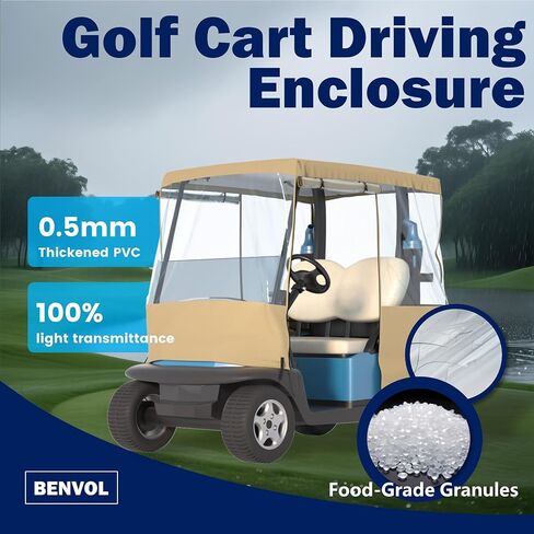 BENVOL Golf Cart Cover 2 Seater Drivable Enclosure - Fits Club Car Precedent, Tempo & EZGO TXT (Roof Up to 58") - 900D Heavy Duty Khaki Waterproof Rain Cover with 0.5mm Clear Vinyl Windows in Kuwait