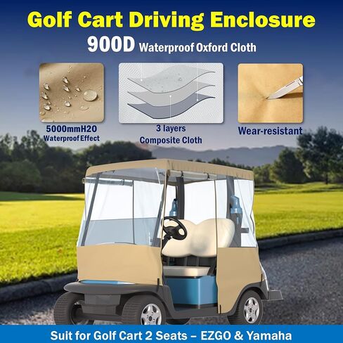 BENVOL Golf Cart Cover 2 Seater Drivable Enclosure - Fits Club Car Precedent, Tempo & EZGO TXT (Roof Up to 58") - 900D Heavy Duty Khaki Waterproof Rain Cover with 0.5mm Clear Vinyl Windows in Kuwait
