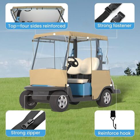 BENVOL Golf Cart Cover 2 Seater Drivable Enclosure - Fits Club Car Precedent, Tempo & EZGO TXT (Roof Up to 58") - 900D Heavy Duty Khaki Waterproof Rain Cover with 0.5mm Clear Vinyl Windows in Kuwait