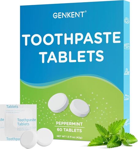 GENKENT Toothpaste Tablets, Fluoride & Plastic Free Chewable Toothpaste Tabs, Eco & Travel Friendly (60 Count) in Kuwait