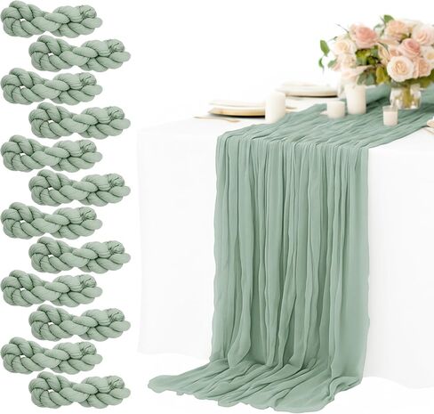 12 Pack Dusty Blue Cheesecloth Table Runners 10FT Long – 35 x 120 Inch Boho Gauze Table Runners for Engagement, Wedding, Baby Shower & Home Decor – Soft Wrinkled Polyester Fabric in Kuwait