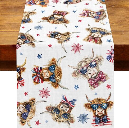 Patriotic Highland Cow Table Runner American 4th of July Memorial Independence Day Decoration Home Kitchen Dining Room Table Decor in Kuwait