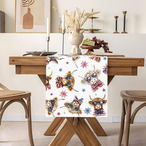 Patriotic Highland Cow Table Runner American 4th of July Memorial Independence Day Decoration Home Kitchen Dining Room Table Decor in Kuwait