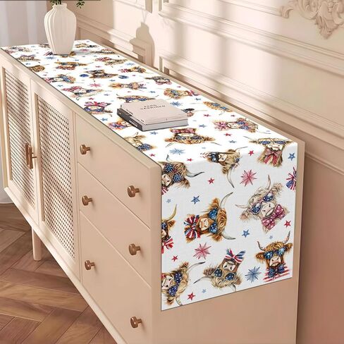 Patriotic Highland Cow Table Runner American 4th of July Memorial Independence Day Decoration Home Kitchen Dining Room Table Decor in Kuwait