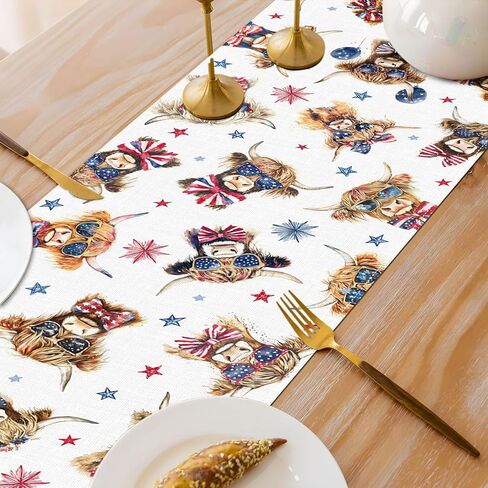 Patriotic Highland Cow Table Runner American 4th of July Memorial Independence Day Decoration Home Kitchen Dining Room Table Decor in Kuwait