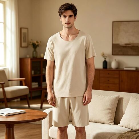 Men's Quick-Dry Pajama Set, Gray Seamless Short Sleeve Top & Shorts, Breathable Ice Silk Loungewear for Daily Home Wear in Saudi Arabia