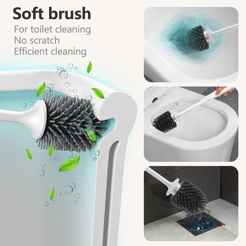 Silicone Toilet Brush Set for Bathroom Cleaner Brush Set,Non-Slip Handle with TPR Soft Bristle,Wall Mounted/Floor Standing,Toilet Scrubber Brush White and Turbo Drying in Kuwait