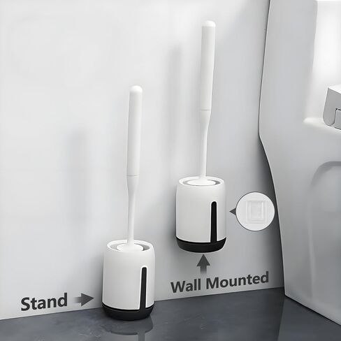Silicone Toilet Brush Set for Bathroom Cleaner Brush Set,Non-Slip Handle with TPR Soft Bristle,Wall Mounted/Floor Standing,Toilet Scrubber Brush White and Turbo Drying in Kuwait