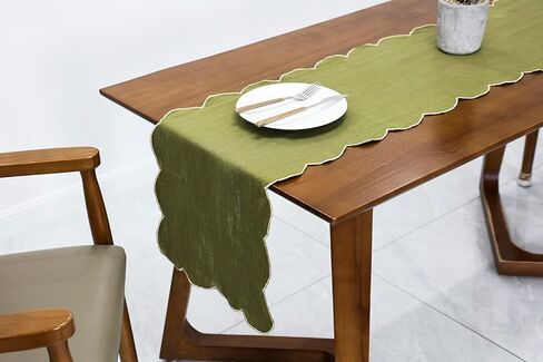 100% Natural Linen Rustic Scalloped Embroidery Table Runner 108 Inches Long, Linen Table Runner 14 x 108 Inch for Dresser and Dining Tables Decor, 8-10 Sets, Linen(Edges-Gold) in Kuwait