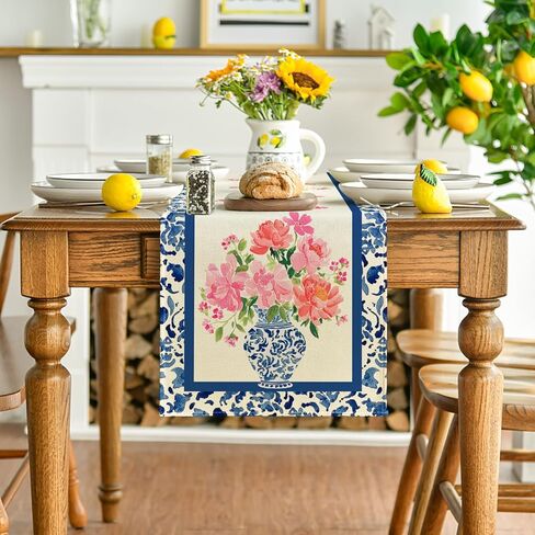 مزهرية من البورسلين باللونين الأزرق والأبيض من Artoid Mode 210 GSM مفرش طاولة صيفي، ديكور طاولة طعام المطبخ الربيعي لديكور المنزل والحفلات 13x72 بوصة in Kuwait