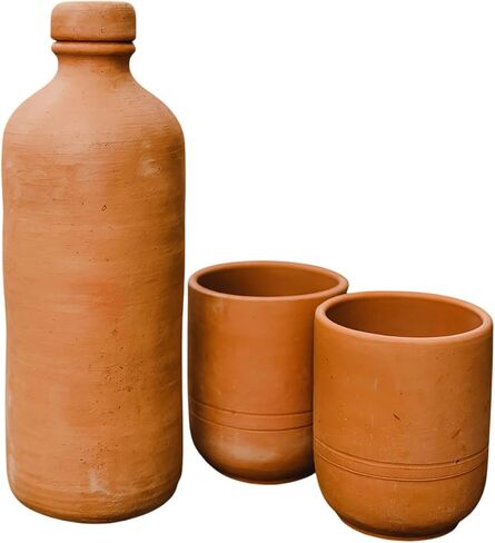 Natural Terracotta Clay Water Bottle 1.5 Litre with 2 Glasses | Keeps Water Naturally Cool | Reusable and Eco-Friendly in Kuwait