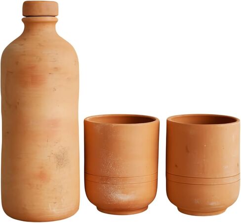 Natural Terracotta Clay Water Bottle 1.5 Litre with 2 Glasses | Keeps Water Naturally Cool | Reusable and Eco-Friendly in Kuwait