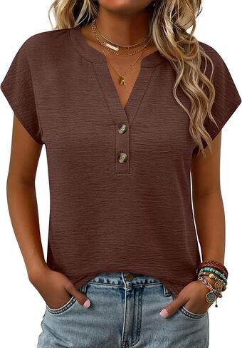 ANRABESS Womens Short Cap Sleeve Blouses Dressy Casual V Neck Summer Work Shirts Textured Loose Henley Tops Trendy Outfits in Saudi Arabia