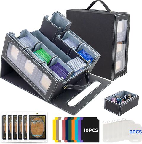 صندوق سطح السفينة مع مقبض، صندوق تخزين بطاقات التداول لـ MTG/TCG/Toploaders. صندوق سطح السفينة 7 في 1 MTG مع 6 حاملات بطاقات مغناطيسية، 6 سدادات، 10 فواصل ملونة. (أسود ورمادي، 7 في 1) in Kuwait