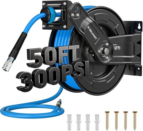 Retractable Air Hose Reel, 50 ft x 3/8 in Hybrid Air Hose (300PSI), Heavy Duty Compressor Hose Reel, Auto Rewind & 180° Swivel - Wall/Ceiling Mount for Workshops in Kuwait