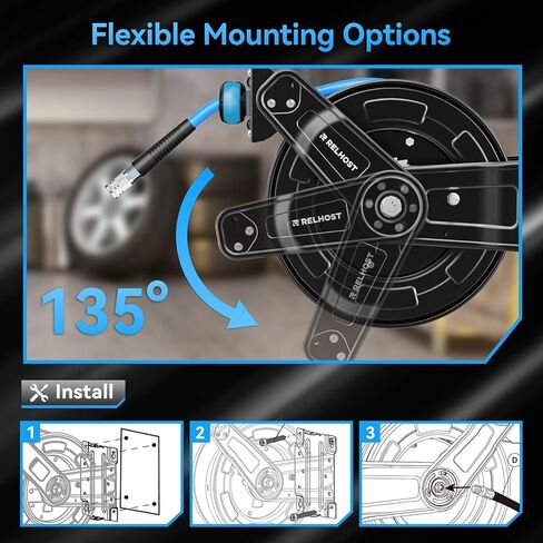 Retractable Air Hose Reel, 50 ft x 3/8 in Hybrid Air Hose (300PSI), Heavy Duty Compressor Hose Reel, Auto Rewind & 180° Swivel - Wall/Ceiling Mount for Workshops in Kuwait