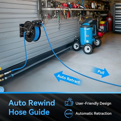 Retractable Air Hose Reel, 50 ft x 3/8 in Hybrid Air Hose (300PSI), Heavy Duty Compressor Hose Reel, Auto Rewind & 180° Swivel - Wall/Ceiling Mount for Workshops in Kuwait