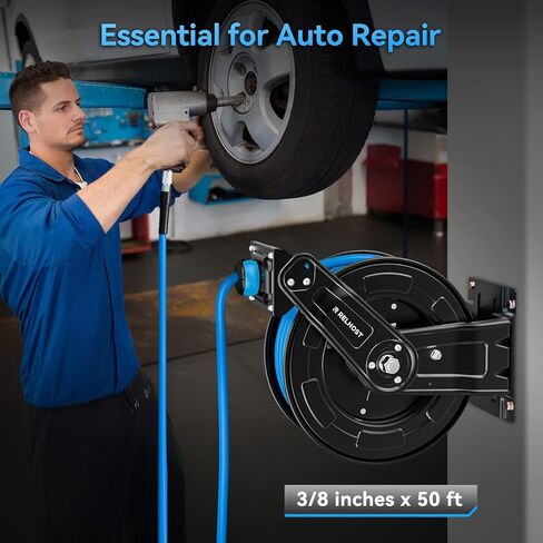 Retractable Air Hose Reel, 50 ft x 3/8 in Hybrid Air Hose (300PSI), Heavy Duty Compressor Hose Reel, Auto Rewind & 180° Swivel - Wall/Ceiling Mount for Workshops in Kuwait