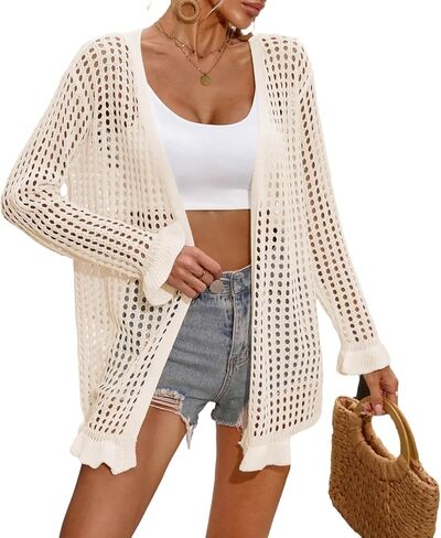 BreathSunny Womens Crochet Knit Swimsuit Coverup Beach Cardigan Summer 2025 Open Front Ruffle Bathing Suit Cover Up Kimono in Saudi Arabia