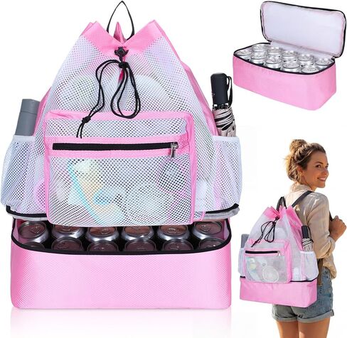 Mesh Beach Drawstring Backpack with Cooler Beach Bags Sandproof Swim Bags Leakproof with Zipper for Seaside Pool Travel in Saudi Arabia