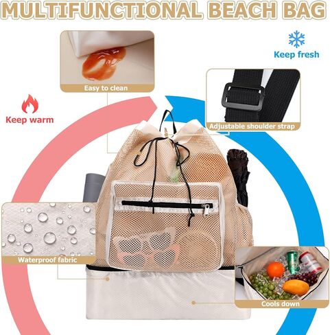Mesh Beach Drawstring Backpack with Cooler Beach Bags Sandproof Swim Bags Leakproof with Zipper for Seaside Pool Travel in Saudi Arabia