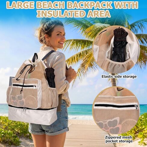 Mesh Beach Drawstring Backpack with Cooler Beach Bags Sandproof Swim Bags Leakproof with Zipper for Seaside Pool Travel in Saudi Arabia