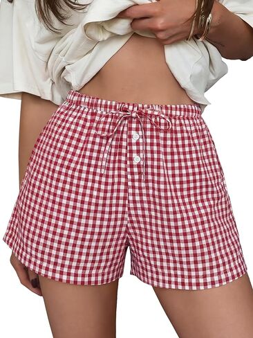 ANRABESS Women's Boxer Shorts Summer Gingham Striped Drawstring Pajama Lounge Shorts With Pockets Trendy Cute Beach Bottoms in Saudi Arabia