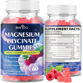 Magnesium Glycinate Gummies 1000mg with L-Threonate, Vitamin D, B6 & CoQ10 - Supports Memory, Calm & Mood - Sugar-Free Raspberry Flavor - 60 Count in Saudi Arabia