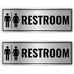 2PC Men Women Unisex Bathroom Signs, 9 x 3 Inches - Brushed Silver Aluminum - Strong Self-Adhesive - Toilet Restroom Signage For Business Door Room in Kuwait