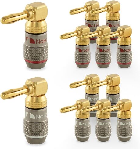 Nakamichi FanLock Excel Series 24k Gold Plated Right-Angle 90 Degree Banana Plug 10 AWG - 18 AWG Gauge Size 4mm for Speakers Amplifier Hi-Fi Home Theatre Wire Cable Quick Connector, 8 Pcs (4-Pairs) in Saudi Arabia