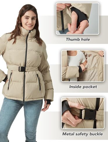 Women's Winter Warm Puffer Jackets Slim Fit Water-Resistant Detachable Hooded with Belt in Saudi Arabia