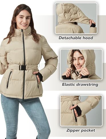 Women's Winter Warm Puffer Jackets Slim Fit Water-Resistant Detachable Hooded with Belt in Saudi Arabia