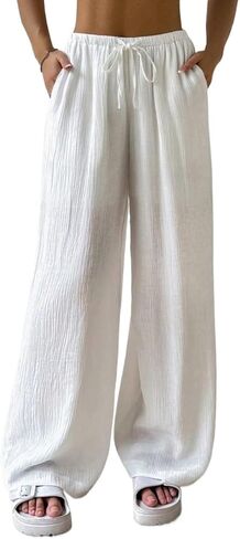 QJQ Women's Drawstring Waist Wide Leg Elegant Linen Palazzo Pants Elastic High Waisted Loose Trousers 2026 in Saudi Arabia