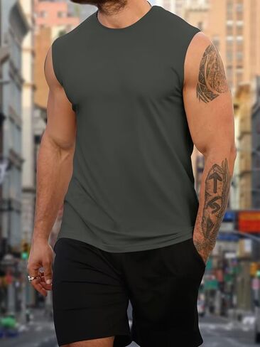 Mens Crew Neck Tank Top Vintage Sleeveless T Shirts Streetwear Summer Outfits in Kuwait