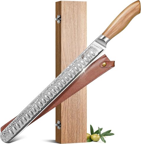 Emojoy Damascus Brisket Slicing Knife, 12" Carving Knife with Japanese Steel, Olive Wood Handle, Luxury Wooden Gift Box, Razor Sharp for Meat & Turkey in Kuwait